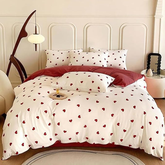 White Twin Comforter Set - Red Heart Quilt Bedding Set 2 Pieces, Comforter Set Twin Size, Soft & Lightweight Comforter(68‘’ x 90‘’) for Girl All Season & 1 Pillowcase(30‘’x20‘’)