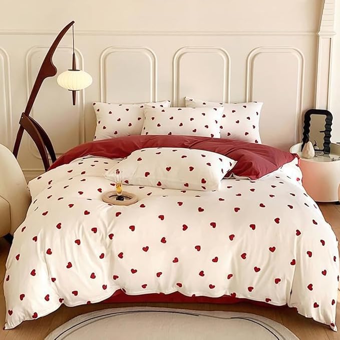 White Queen Comforter Set - Red Heart Comforter Set Queen Size, Quilt Bedding Set 3 Pieces, Soft & Lightweight Comforter(90‘’ x 90‘’) for Girl All Season & 2 Pillowcases(30‘’x20‘’)