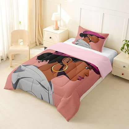 Erosebridal Black Girls Girls Comforter Set Twin Size Fashion Black Woman Bedding Set Vogue Fashionable Gorgeous Quilt for Kids Children Women Bedroom Decor African Princess Magical Down Comforter