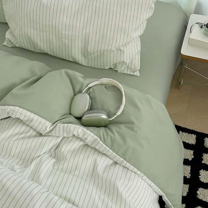 Nayoroom Green Striped Duvet Cover Queen Size 100% Washed Cotton Duvet Cover Linen Like Textured, Reversible 3 Pieces Soft Breathable Yarn-Dyed Stripe Girls Dorm Bedding Set for All Seasons