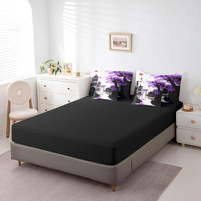 7 Piece Japanese Bedding Set With Sheets Queen Sun Cherry Blossom Comforter Set Watercolor Black Purple Mountain Sakura Floral Bed In A Bag For Girls Adults Women Asian Chinese Ink Anime Bed Set