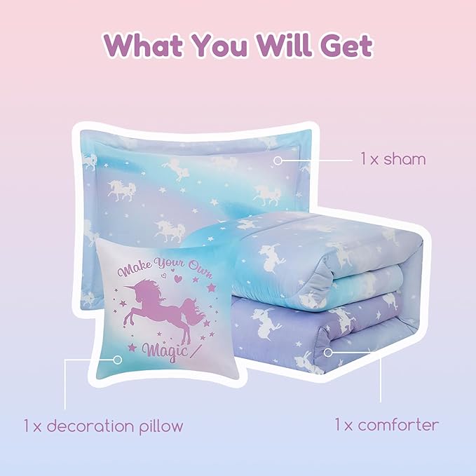 Twin Comforter Set for Girls-3 Pieces Unicorn Glow in the Dark Twin Bedding Sets for Kids,1 Comforter,1 Sham and 1 Decor Pillow