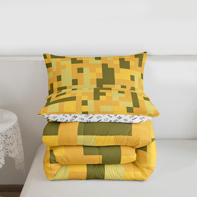 Pixelated Blocks Miners Kids Bedding Set Queen Size,Video Games Cartoon Gamepad Comforter Set，Army Camouflage Game Quilt Comforter,Yellow Green Bedroom Duvet Insert,2 Pillowcases