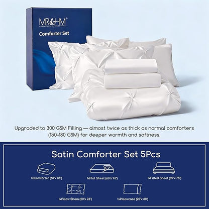 MR&HM Satin Comforter Twin 5 Pieces - Luxurious Pinch Pleat Bedding Set with Comforter, Flat Sheet, Fitted Sheet, Pillowcase & Sham, Super Silky Soft Bed Set for All Season (Twin, Ivory)