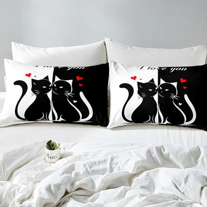 Cats Lovers Fitted Sheet Set Full Size 4 Pcs,Cute Cat Valentine's Day Lightweight Sheets Teens Room Decor,Black and White Couples Bedding Sets (1 Fitted,1 Flat,2 Pillowcases)