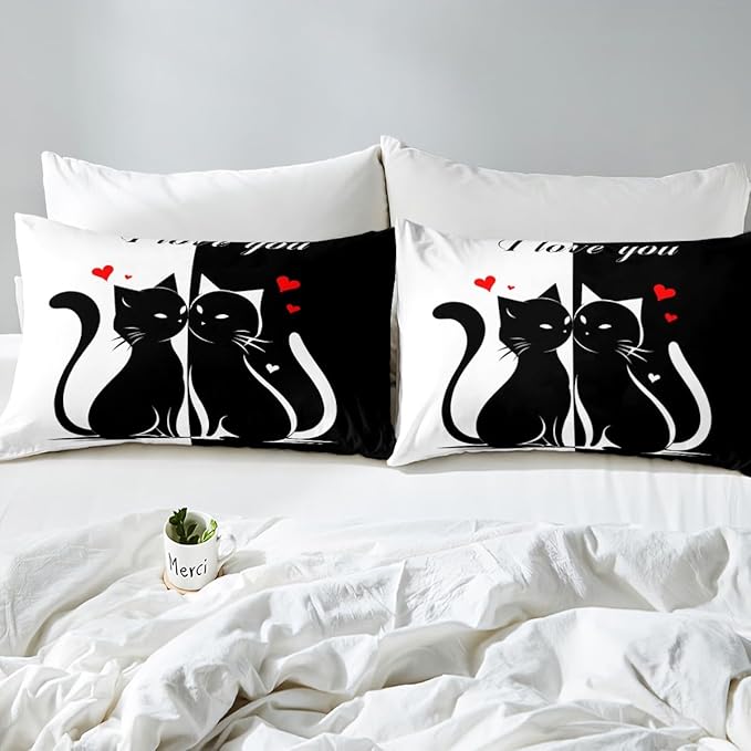 Cats Lovers Queen Size Duvet Cover for Teens Youth,Cute Cat Valentine's Day Comforter Cover with 2 Pillow Shams,Black White Couples Bedding Set,No Comforter