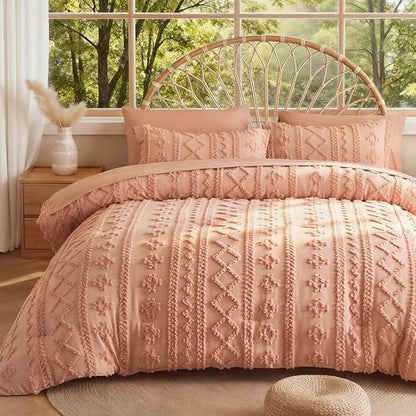 MR&HM King Size Comforter Set 7 Pieces, Boho Tufted Bedding Set Coral Pink