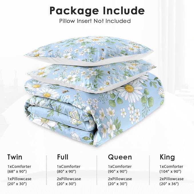 Full Size Comforter Set with 2 Pillowcases, Spring Summer Botanical Wildflower Daisy Flower Green Floral Soft 3 Pcs Bedding for Kids and Adults Bedroom Bed Decor
