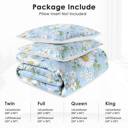 Twin Size Comforter Set with Pillowcase, Wildflower Daisy Flower Floral Soft 2 Pcs Bedding for Kids and Adults Bedroom Bed Decor