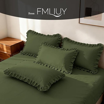 Ruffle Pillow Cases King Size Set of 2 – Soft Wrinkle Resistant Brushed Microfiber Ruffled Pillowcases –Envelope Pillow Shams Cover Festive Gift for Hotels, Guest Rooms 20x36 Inch (Olive Green)