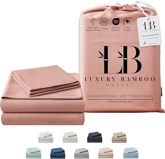 Luxury Bamboo Market |Full Size Sheet Set | 100% Viscose Derived from Bamboo | Organically Grown | Ultra Soft | Cooling Sheets for Hot Sleepers | 17" Deep Pocket [Rose Quartz]