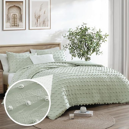 Swift Home King Sage Comforter Set - Decorative Tufted Pom Poms Bedding Set - 3 Pieces Bed Linen, 1 Comforter and 2 Pillow Shams