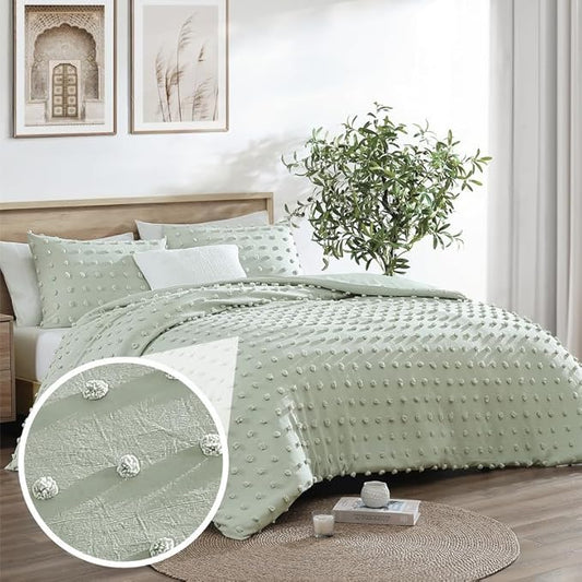 Swift Home King Sage Comforter Set - Decorative Tufted Pom Poms Bedding Set - 3 Pieces Bed Linen, 1 Comforter and 2 Pillow Shams
