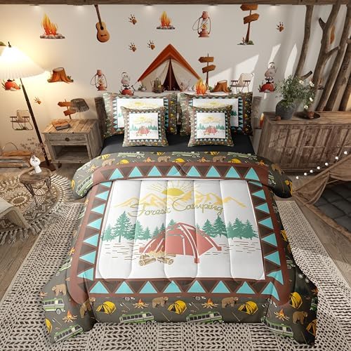 Erosebridal Camping 7 Piece Comforter Set Full Bed in a Bag,Vinatge Camper Accessories Bedding,Japanese Style Down Comforter,Mount Fuji Pattern Duvet Insert,Rustic Farmhouse Bear Sheet Set