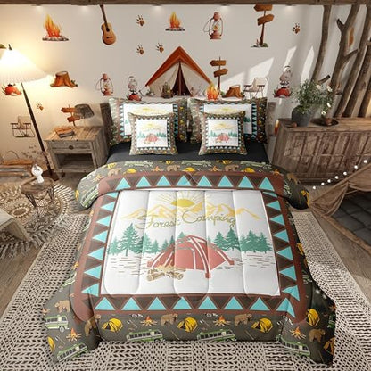 Erosebridal Camping 7 Piece Comforter Set Full Bed in a Bag,Vinatge Camper Accessories Bedding,Japanese Style Down Comforter,Mount Fuji Pattern Duvet Insert,Rustic Farmhouse Bear Sheet Set