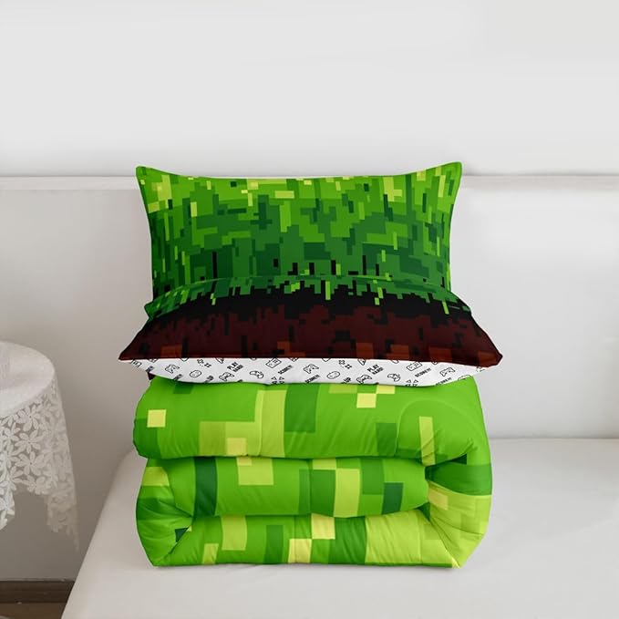 Pixelated Comforter Set Full Size,Patchwork Grid Video Games Kids Bedding Set,Miners Lattice Simple Quilt Comforter,Brown Green Duvet Insert,2 Pillowcases