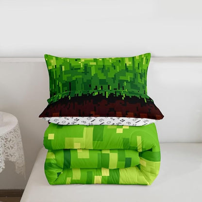 Manfei Pixelated Bedding Set Twin Size,Patchwork Grid Video Games Comforter Set,Miners Lattice Simple Quilt Comforter Boys Teens,Brown Green Room Decor All Season,1 Pillowcase