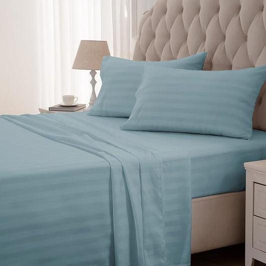 SLEEP ZONE Striped Cooling Queen Sheets Set - Fitted Flat Sheet & Pillowcase Sets 4 Piece - Super Soft Stripe Bed Sheet, Easy Care, Deep Pocket (Flint Blue, Queen)