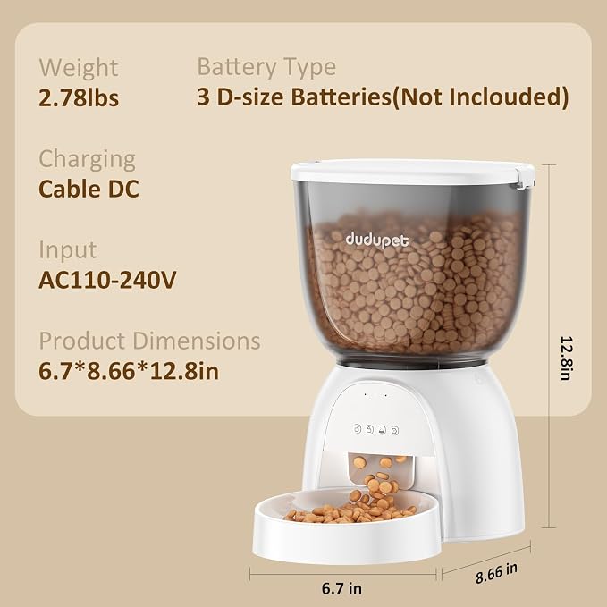 Automatic Cat Feeder with WiFi, Timed Cat Dry Food Dispenser for Cats Dog | 5G&2.4Ghz App Remote Control, 5L Capacity, Dual Power Supply, 10 Meals 1-15 Portion Programmable with Stainless Steel Bowl