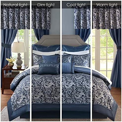 Madison Park Essentials Brystol 24 Piece Room in a Bag Faux Silk Comforter Jacquard Paisley Design Matching Curtains Down Alternative All Season Bedding-Set, King(104 in x 92 in), Navy 24 Piece