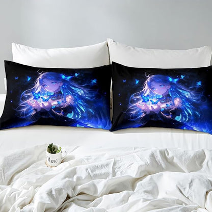 Erosebridal 3D Japanese Girl Fitted Sheet for Boys Girls Kids Blue Butterfly Decorations Queen Bed Sheets,Cartoon Sheets Anime Gifts for Her Bedding Sets, No Top Sheet