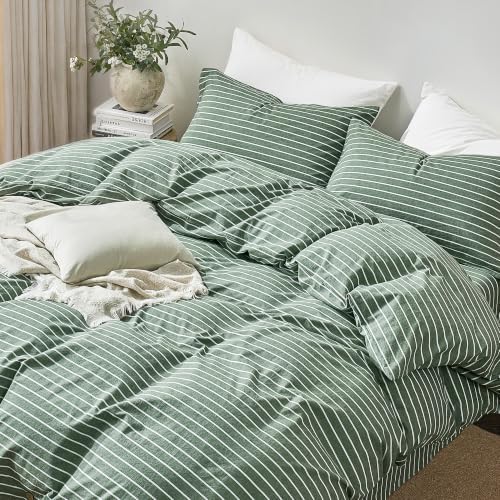 JELLYMONI 100% Washed Cotton Forest Green Striped Duvet Cover Set Full