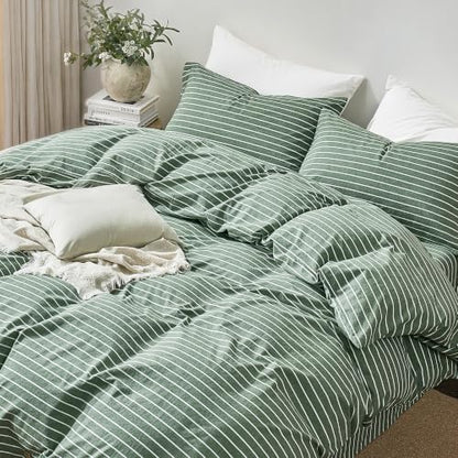 JELLYMONI 100% Washed Cotton Forest Green Striped Duvet Cover Set Cal King