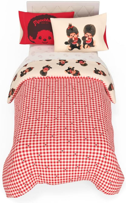 Monchhichi Bedding 5 Piece Twin Bed Set, Soft Cozy Nostalgia Reversible Comforter and Sheet Set with Sham, Officially Licensed Product by Franco