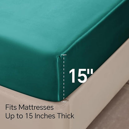 BEDELITE California King Sheets Set, Luxury Soft Teal Satin Sheets for Hair and Skin, Similar to Silk Bed Sheets Set 4 Pieces with 1 Deep Pocket Fitted Sheet, 1 Flat Sheet, and 2 Pillowcases