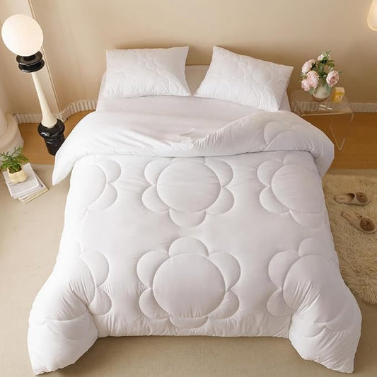 CLOTHKNOW White Queen Comforter Set Daisy Puff Pattern Bedding Comforter Sets Boho Queen Comforter Soft Floral Comforter with 2 x Pillow Cases