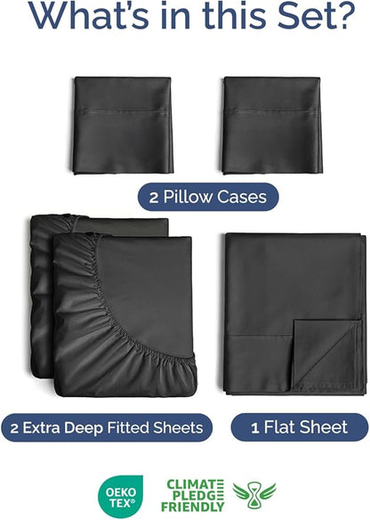 Extra Deep Pocket Split King Size Sheet Set - 5 Piece Breathable & Cooling Bed Sheets - Hotel Luxury Bedding with 16 to 21 inch Extra Deep Pockets - Soft, Fade & Wrinkle Resistant - Oeko-Tex - Black