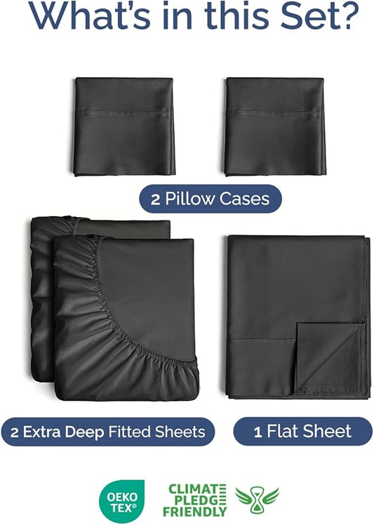 Extra Deep Pocket Split King Size Sheet Set - 5 Piece Breathable & Cooling Bed Sheets - Hotel Luxury Bedding with 16 to 21 inch Extra Deep Pockets - Soft, Fade & Wrinkle Resistant - Oeko-Tex - Black