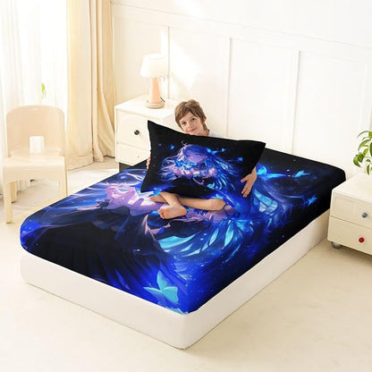 Erosebridal 3D Japanese Girl Fitted Sheet for Boys Girls Kids Blue Butterfly Decorations Twin Bed Sheets,Cartoon Sheets Anime Gifts for Her Bedding Sets, No Top Sheet