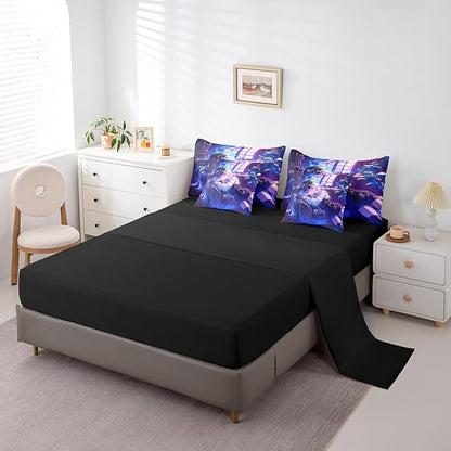 Anime Girl Comforter Set With Sheets Queen Size Japanese Anime 7 Piece Bedding Set For Kids Boys Teens Women Bedroom Decor, Cartoon Girl Bed In A Bag Japanese Animation Kawaii Bed Sets, Purple