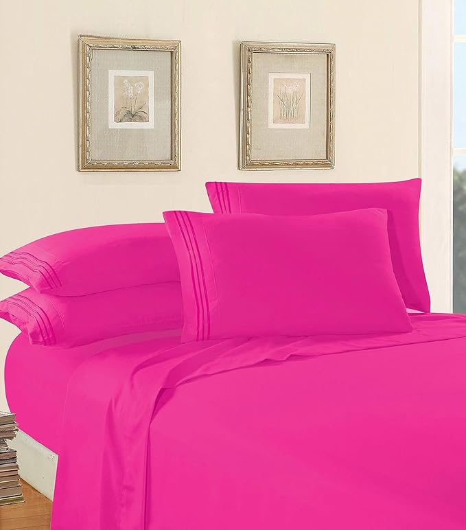 Elegant Comfort Luxury 1500 Premium Hotel Quality Microfiber 4-Piece Sheet Set - Wrinkle Resistant, All Around Elastic Fitted Sheet, Deep Pocket up to 16", King, Hot Pink