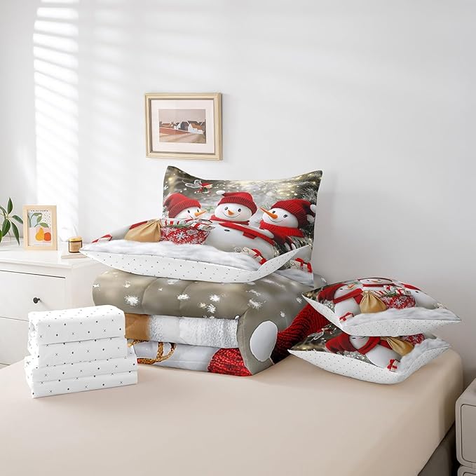 Cartoon 3D Snowman Comforter Set Bed in a Bag 7 Pieces King,Retro Farmhouse Christmas Theme Bedding Set,Witer Snow Watercolor Gifts (Comforter+Fitted+Flat Sheet+2 Pillowcases+2 Throw Pillow Covers)
