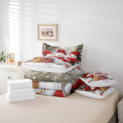 Cartoon 3D Snowman Comforter Set Bed in a Bag 7 Pieces King,Retro Farmhouse Christmas Theme Bedding Set,Witer Snow Watercolor Gifts (Comforter+Fitted+Flat Sheet+2 Pillowcases+2 Throw Pillow Covers)