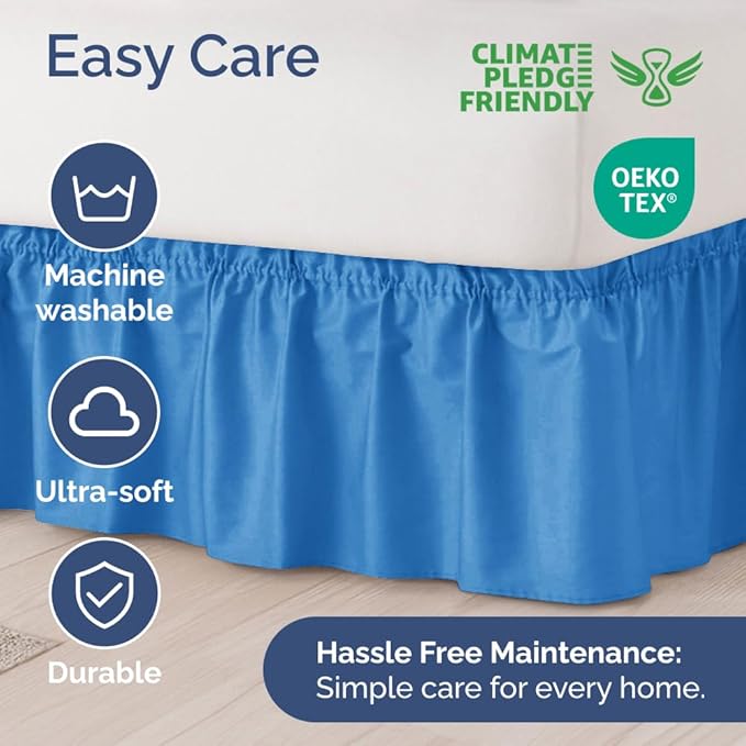 Wrap Around Dust Ruffle Bed Skirt - Royal Blue - Twin/Twin XL Size Beds w/ 15 Inch Drop - Easy Fit Elastic Strap- Adjustable Pleated Bedskirt w/Brushed Fabric - Wrinkle Free, Women, Men, Kids & Teens
