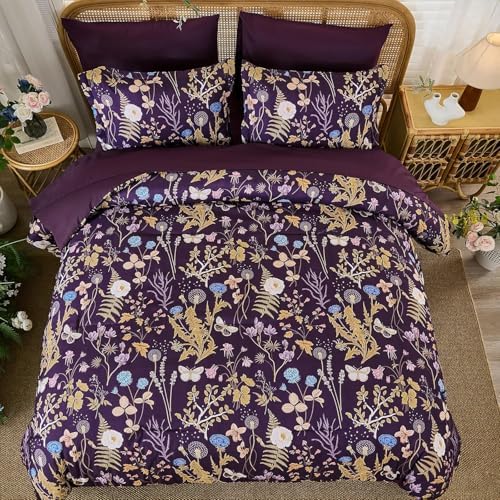 Full Size Comforter Set, Dark Purple Floral Bedding Comforter Set 7 Piece
