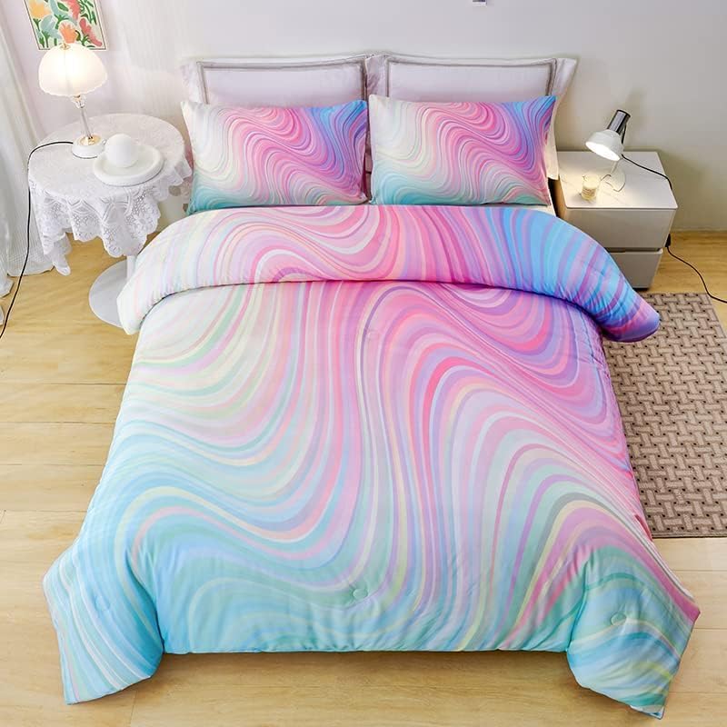 Girls Pink Comforter Twin,Pink Bedding Set for Girls,Tie Dye Comforter Set,Kids Comforter Set for Girl,Teen Comforter Twin with 2 Pillowcases,Rainbow Beddding