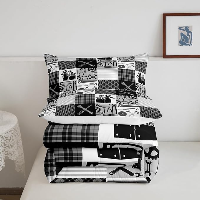 Castle Fairy Kids Boys Truck Bedding Set Queen Size Wrench Repair Outfit Comforter Farmhouse Gingham Check Comforter Set Gray White Duvet Set 3Pcs Quilt Set 1 Comforter Set with 2 Pillowcase