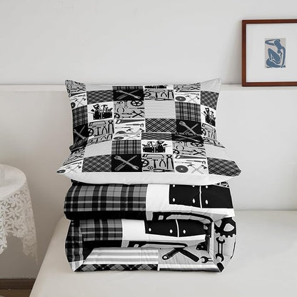 Castle Fairy Kids Boys Truck Bedding Set Queen Size Wrench Repair Outfit Comforter Farmhouse Gingham Check Comforter Set Gray White Duvet Set 3Pcs Quilt Set 1 Comforter Set with 2 Pillowcase