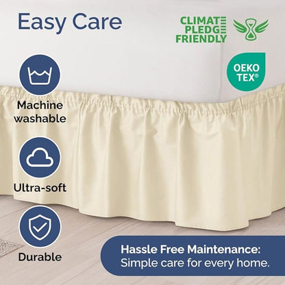 Wrap Around Dust Ruffle Bed Skirt - Off White - for Queen Size Beds w/ 15 Inch Drop - Easy Fit Elastic Strap - Adjustable Pleated Bedskirt w/Brushed Fabric - Wrinkle Free - Women, Men, Kids & Teens