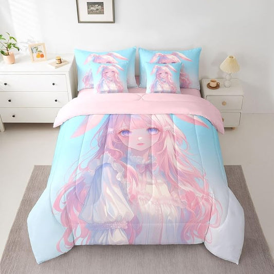 Erosebridal 3D Anime Girl Bedding Set,Japanese Girl Bed in A Bag Cartoon Anime King Comforter Set 7 Piece for Kids Teen Women Room Decor,Pink Kawaii Rabbit Doll Blue Bed Set