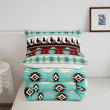Feelyou Boho Comforter Set Full Size Horses Comforter Southwestern Native Aztec Bedding Set Farmhouse Wildlife Duvet Set Room Decor Light Blue Quilt Set