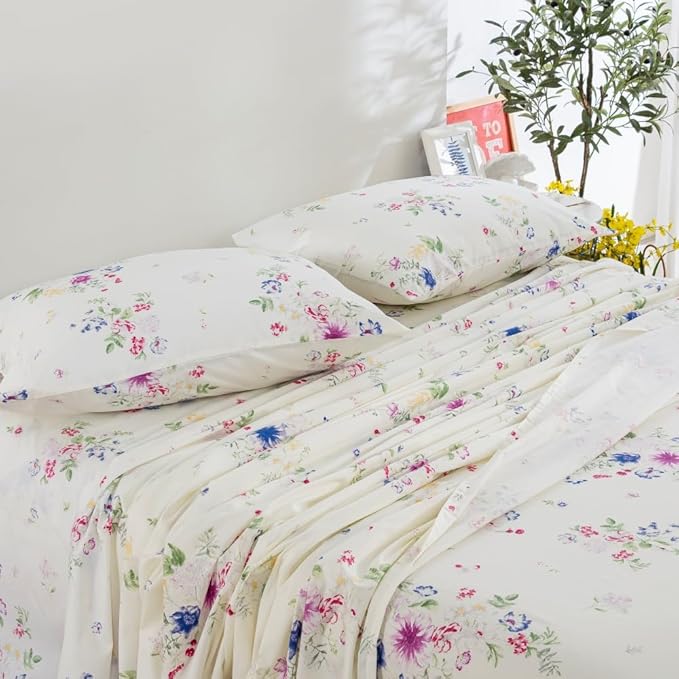 DAUAOTO 100% Cotton Bedding Printed Sheets Set for Full Size Bed Up to 14" Deep Mattress, Farmhouse Pattern Bedlinen Sets, Bloom Floral
