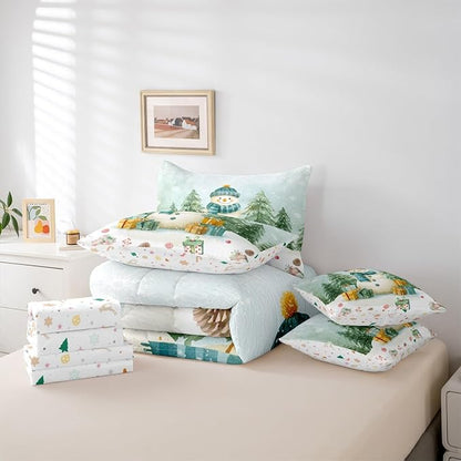 Kawaii Snowman Comforter Set 7 PCS,Cartoon Christmas Trees Gifts Bed Set for Girls Kids,Winter Christmas Theme Bed in a Bag Bedding Set with Comforter,Sheet Set,Pillowcases,Pillow Covers,Queen