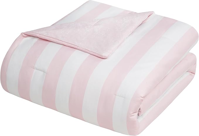 Juicy Couture Cabana Stripe Reversible Bedding Set - Queen/Full Size - Dogwood Pink/White Stripe Print – 6 Piece Set – Includes 1 90" x 90" Comforter, 3 Decorative Pillows, 2 Shams