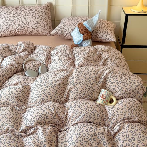 mixinni Light Brown Leopard Print Duvet Cover Set King Size, 3PCs Cute Animal Cheetah Bedding, 100% Cotton Double Gauze Soft Aesthetic Retro Pink Black Bedding Set with 2 Pillowcases for Girls Women