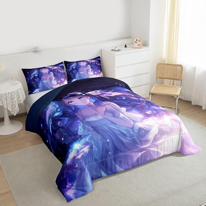 Erosebridal Anime Girls Bedding Anime Gifts Comforter Set for Kids Purple 3D Galaxy Printing Bedding Sets, Cartoon Long Curly Hair Girly Printed Comforter Kids Kawaii Japanese Girl Bed Set, Queen